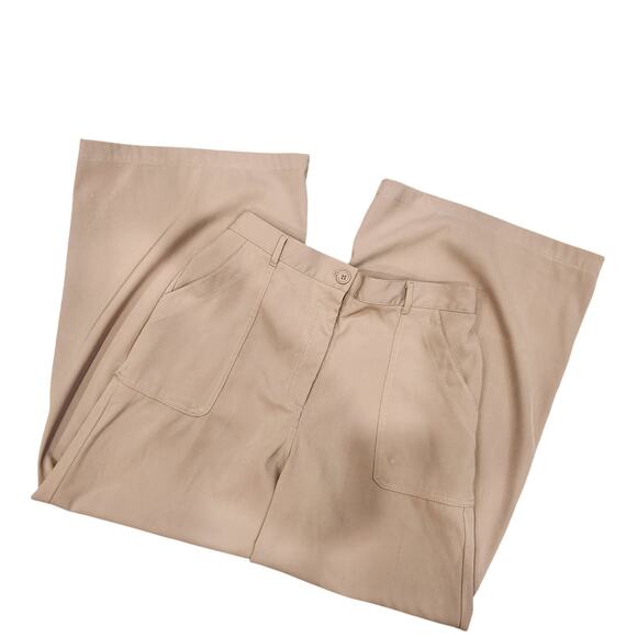 max studio london Khaki Wide Leg Pants Size Large Partial Elastic Band - Picture 1 of 4